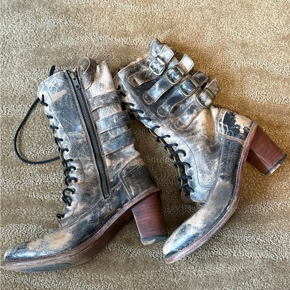 BED|STU Distressed Black and Tan Lace-Up Boots - Picture 3 of 5